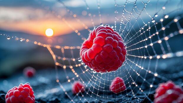 frambuesa en Rocío cubierto telaraña a amanecer delicado macro todavía foto