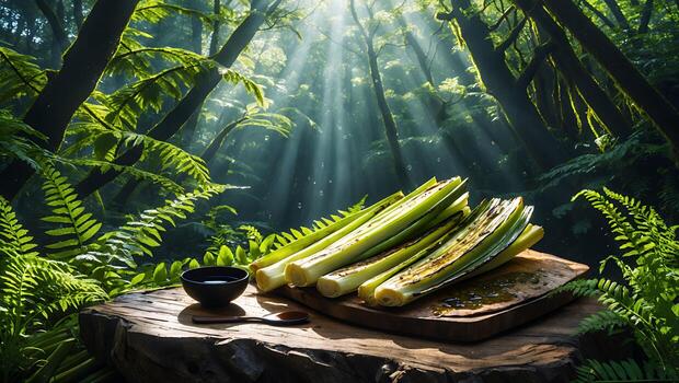 Grilled Leeks on Wooden Slab in Forest with Sun Rays photo