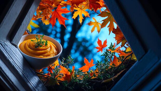 Bowl of Pumpkin Soup with Autumn Leaves Through a Window photo
