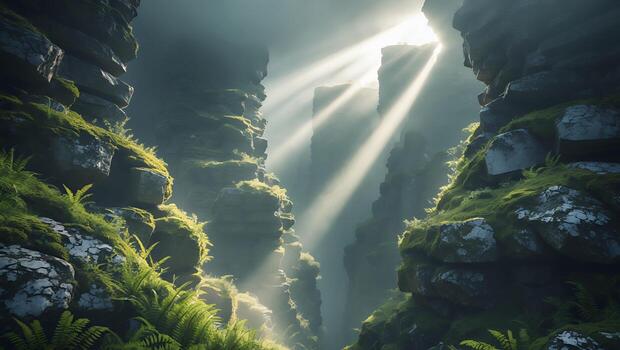 Sunlight Streaming Through Rocky Gorge with Moss and Ferns photo