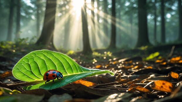 Ladybug on Leaf in Forest with Sunbeams and Natural Light photo