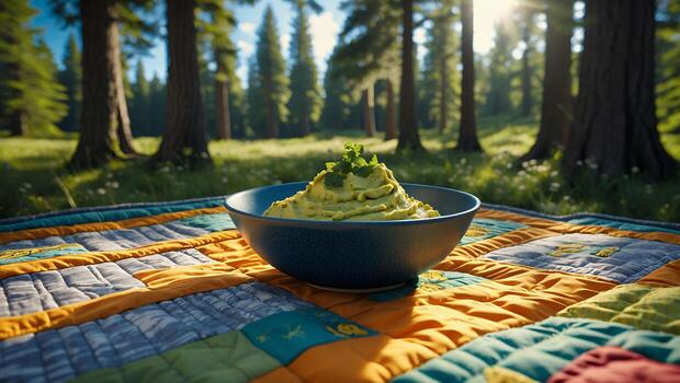 Serving of Dip on Quilt in Forest Picnic Setting Outdoors photo
