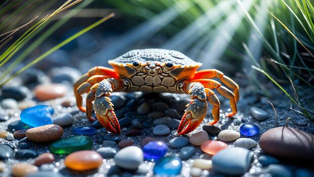 Crab Walking on a Gravel Path with Sun Rays Shining Down photo