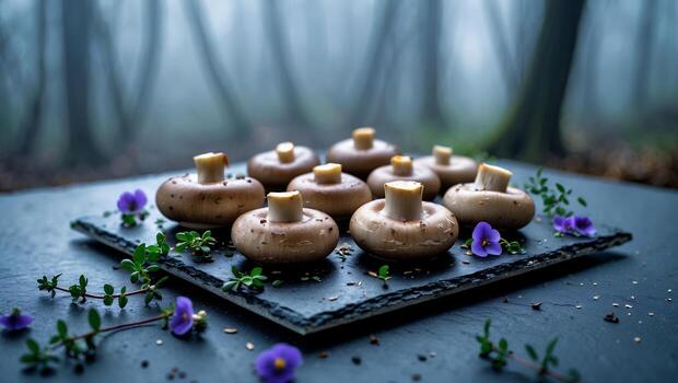 Arrangement of Button Mushrooms with Flowers on Dark Stone Slab photo