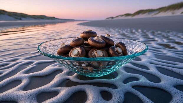 hongos en cuenco a playa a puesta de sol con único ola patrones foto