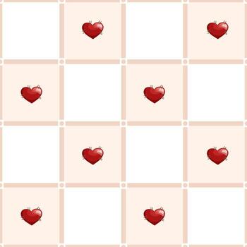 Seamless pattern with red hearts and squares. Geometric repeating gingham pattern with dots in nodes, pastel striped texture. vector