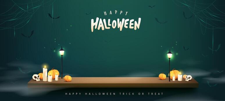 Halloween banner background with glowing pumpkins, candles, fog, bats, decorative typography and wooden table with empty copy space on dark background vector