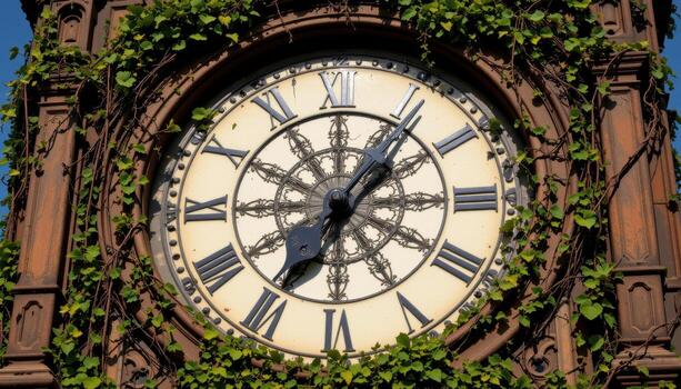 a large clock tower whose gears and face are obscured by crawling vines. photo