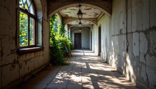 a quiet hallway filled with broken tiles and vines creeping in through shattered windows. photo