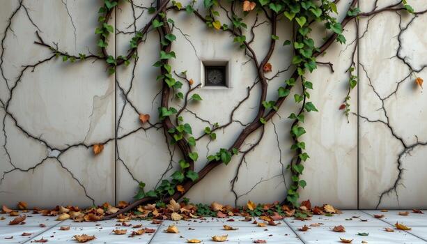 twisting vines crawling along a cracked marble wall, surrounded by scattered fallen leaves and soft diffused light. photo