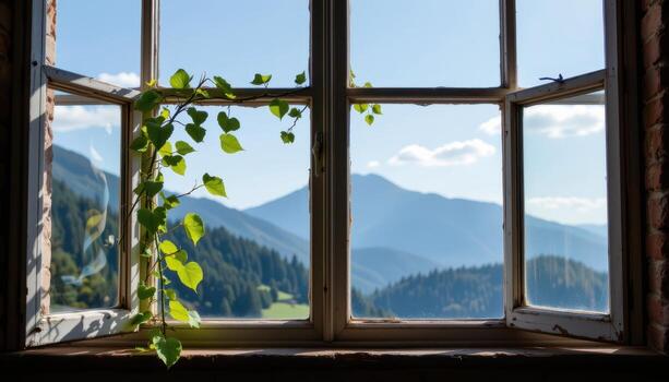 a single vine tracing the edge of a window frame overlooking a mountain. photo