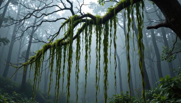 largo vides colgando desde árbol extremidades encima un brumoso bosque piso. foto