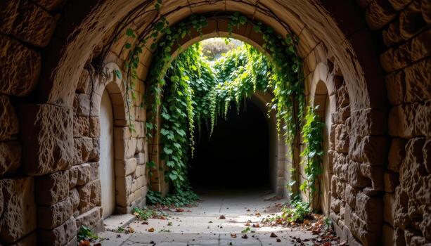 vines dangling into an open crypt with worn steps leading down. photo