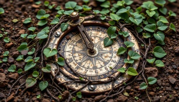 ivy vines wrapping around a broken sundial partially buried in earth and time. photo