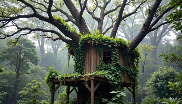 vines cascading over the sides of an abandoned treehouse, blending into the surrounding canopy. photo