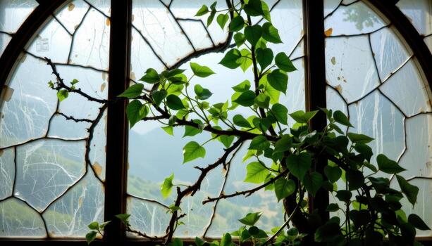 deep green vines climbing through the gaps in a broken stained glass window. photo