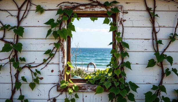 elegant vines framing a broken window in a forgotten seaside shack. photo