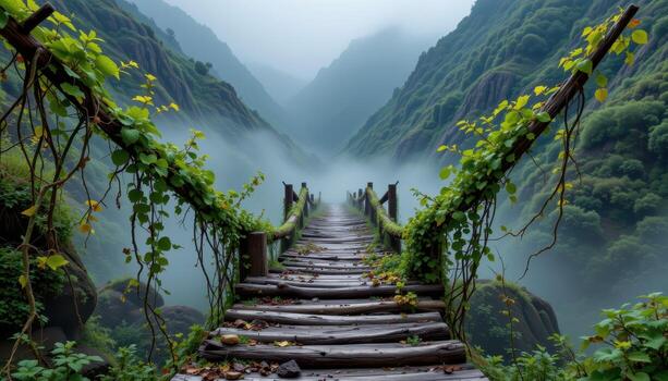a network of vines stretching across a collapsed wooden bridge in the middle of a foggy valley. photo