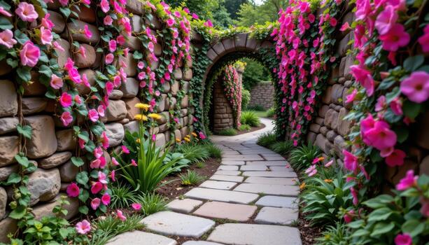 a spiral stone path where vines bloom in patterned symmetry. photo