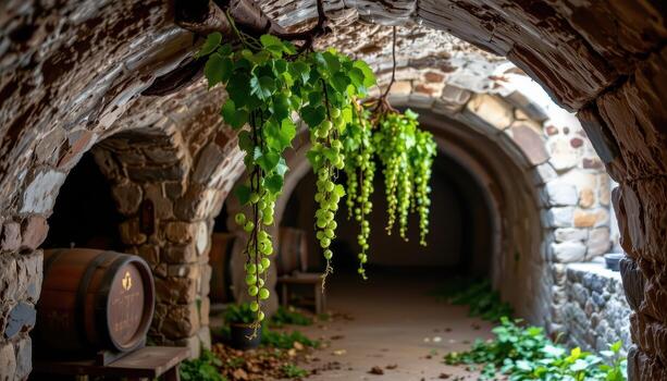 vines trailing from the ceiling of a forgotten wine cellar. photo