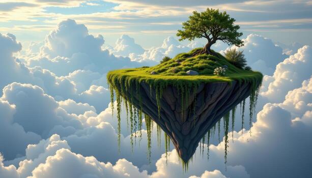 a floating island in the sky, with vines dripping down into the clouds below. photo