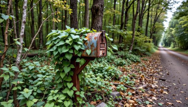a rusted mailbox wrapped in vines, standing at the edge of a forest road long unused. photo