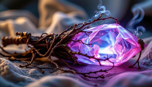 a glowing crystal wrapped in ethereal, softly pulsing vines. photo