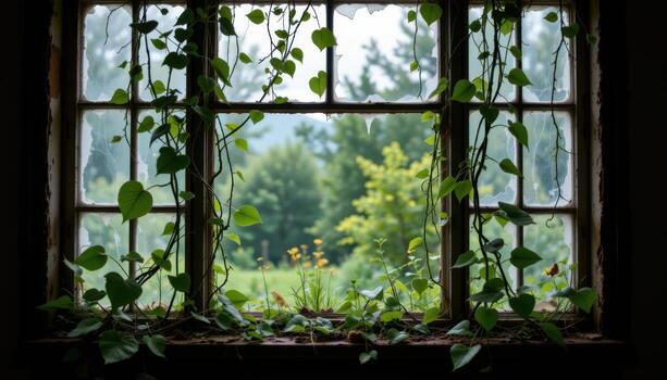 delicate vines weaving through broken window panes of an abandoned house. photo