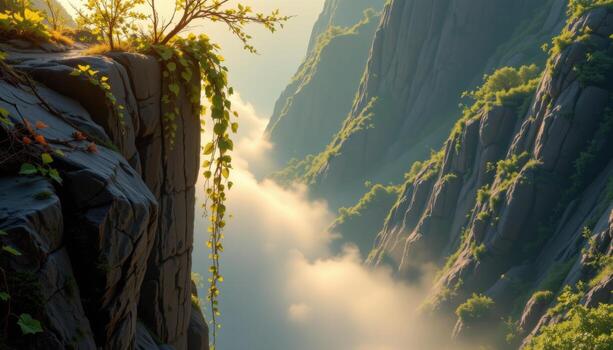 glimmering vines falling from a cliffside into a sea of morning mist. photo