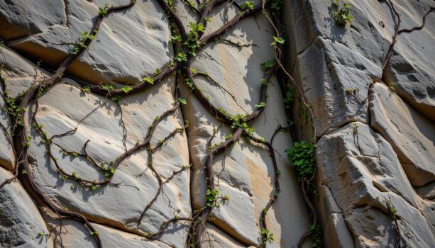 a network of thick vines growing on a towering rock cliff, clinging to every crevice and shaded crack. photo