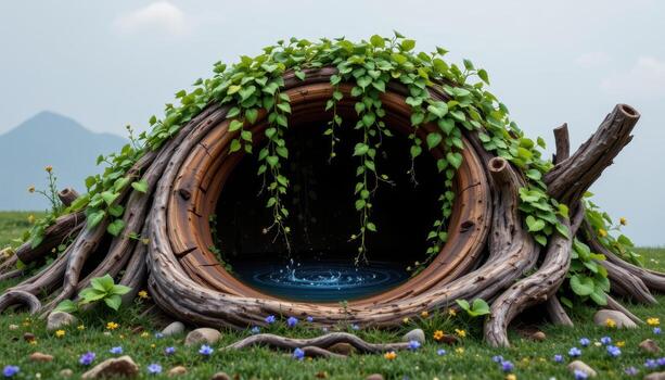 a hollow tree stump filled with water and overgrown with hanging vines. photo