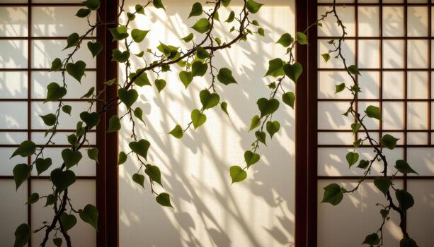 elegant vines growing across a japanese shoji screen, highlighted by soft natural light filtering through paper panels. photo