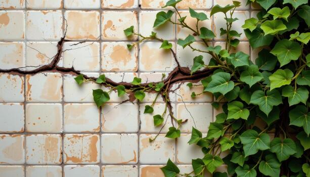 vines pushing through the cracks in a wall of glazed tiles. photo