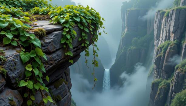 vines spilling over a ledge into a chasm hidden in the mist. photo