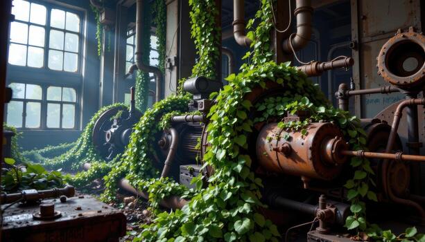 overgrown vines entangled with rusted machinery in a post apocalyptic factory ruin, covered in dust and decay. photo