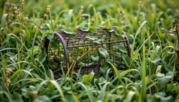 vines encasing an empty birdcage lying on its side in tall grass. photo