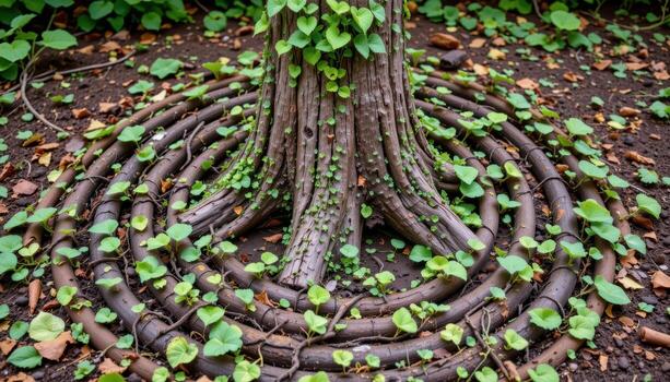 a tree stump surrounded by concentric rings of crawling vines. photo