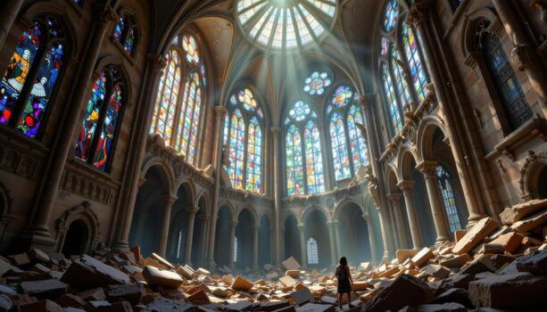 vines curling through broken stained glass windows of a collapsed cathedral. photo