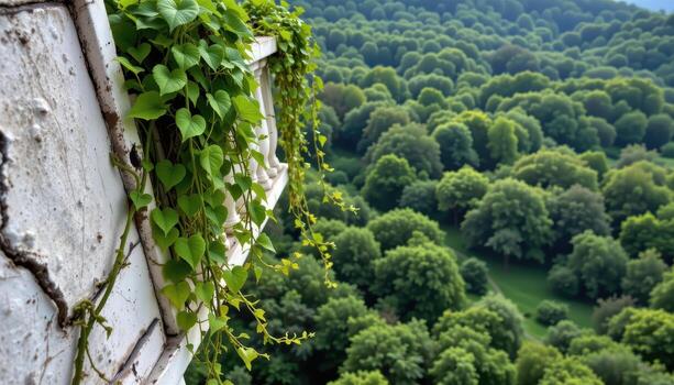 pale green vines trailing from the ledge of a cracked balcony above a dense forest. photo