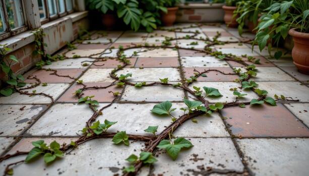 vines growing through the cracks of a tiled floor in an old botanical conservatory. photo