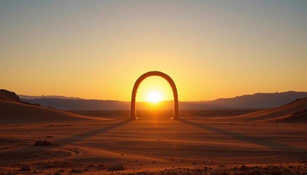 a golden arch standing in the center of a vast empty plain, glowing faintly against a sunset. photo