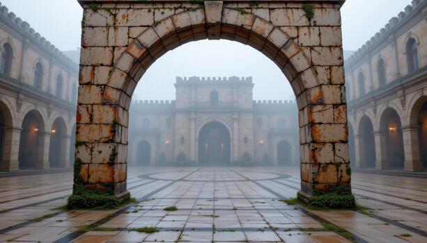 a tiled archway filled with cracks and moss, standing in the center of a foggy plaza. photo