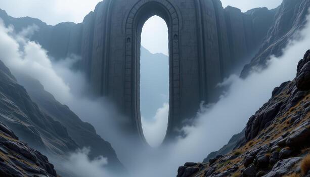a massive dark stone archway rising from the center of a crater filled with mist. photo