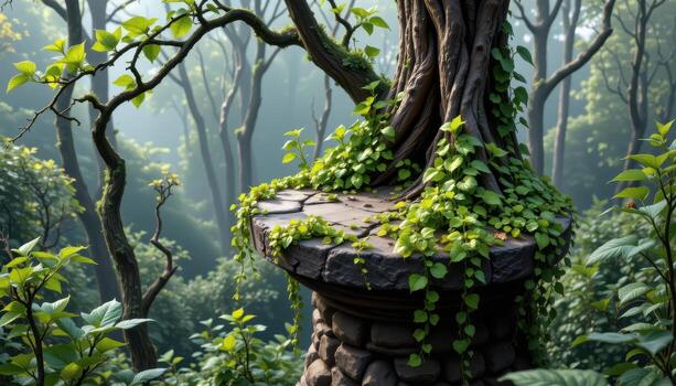 vines crawling over the edge of a circular stone platform in the forest. photo