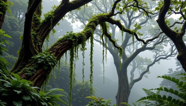 cascading vines hanging from a canopy of ancient trees in a mist covered jungle. photo