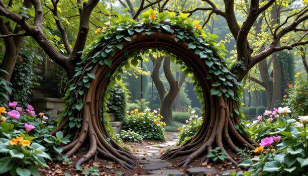 a vine covered arch made from twisted tree roots at the heart of an enchanted glade. photo
