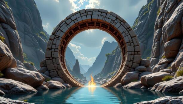 a circular archway surrounded by stones floating in midair above a glowing pool. photo