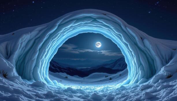 a moonlit archway made from snow and ice, softly illuminated by starlight. photo