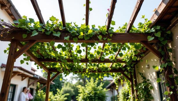 a canopy of hanging vines stretching across the beams of a crumbling veranda. photo