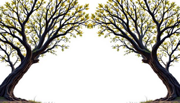 a symmetrical archway formed by two intertwining trees, leaves cascading above in silence. photo